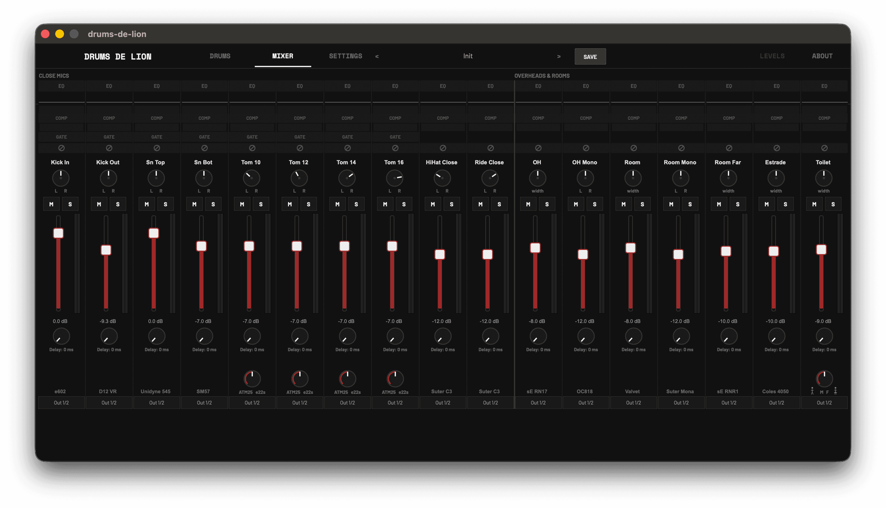 17-channel mixer with per-mic EQ, compression and gate